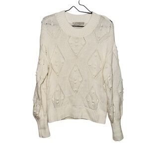 LOFT Pom Pom Open Knit Women's White Crew Neck Sweater